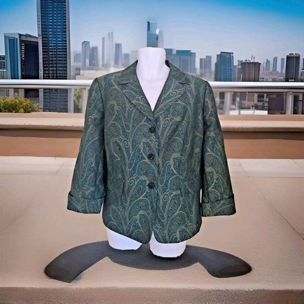 Women's‎ Blazer 20W Green Tapestry Paisley Collared Lined 3-Button Suit Studio